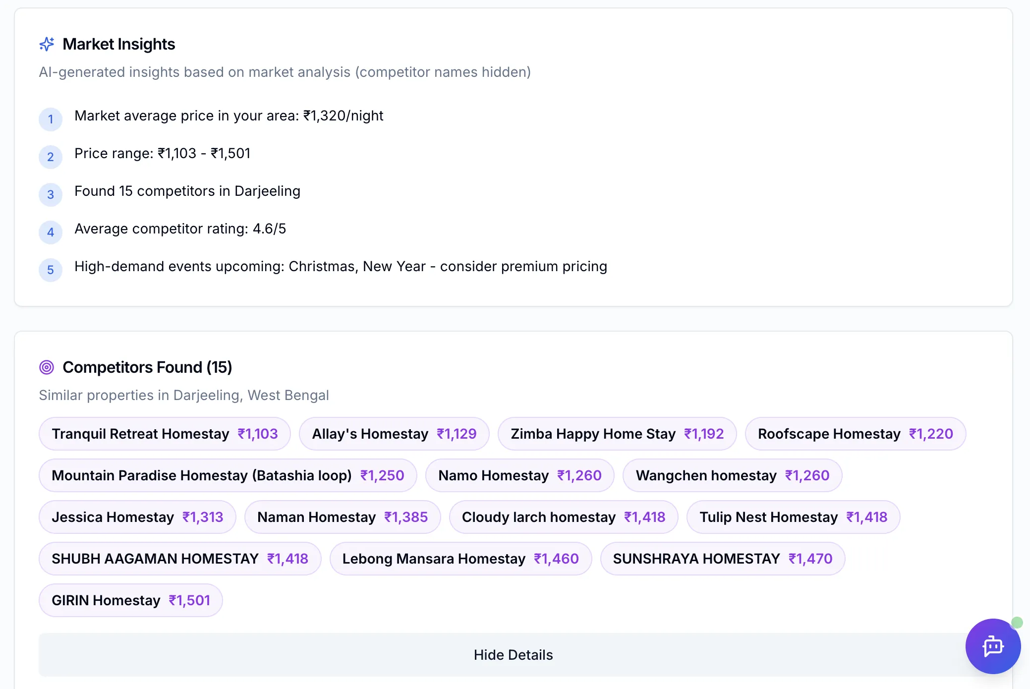 myEDGE AI — AI generated market insights and the list of competitor properties found with their nightly rates