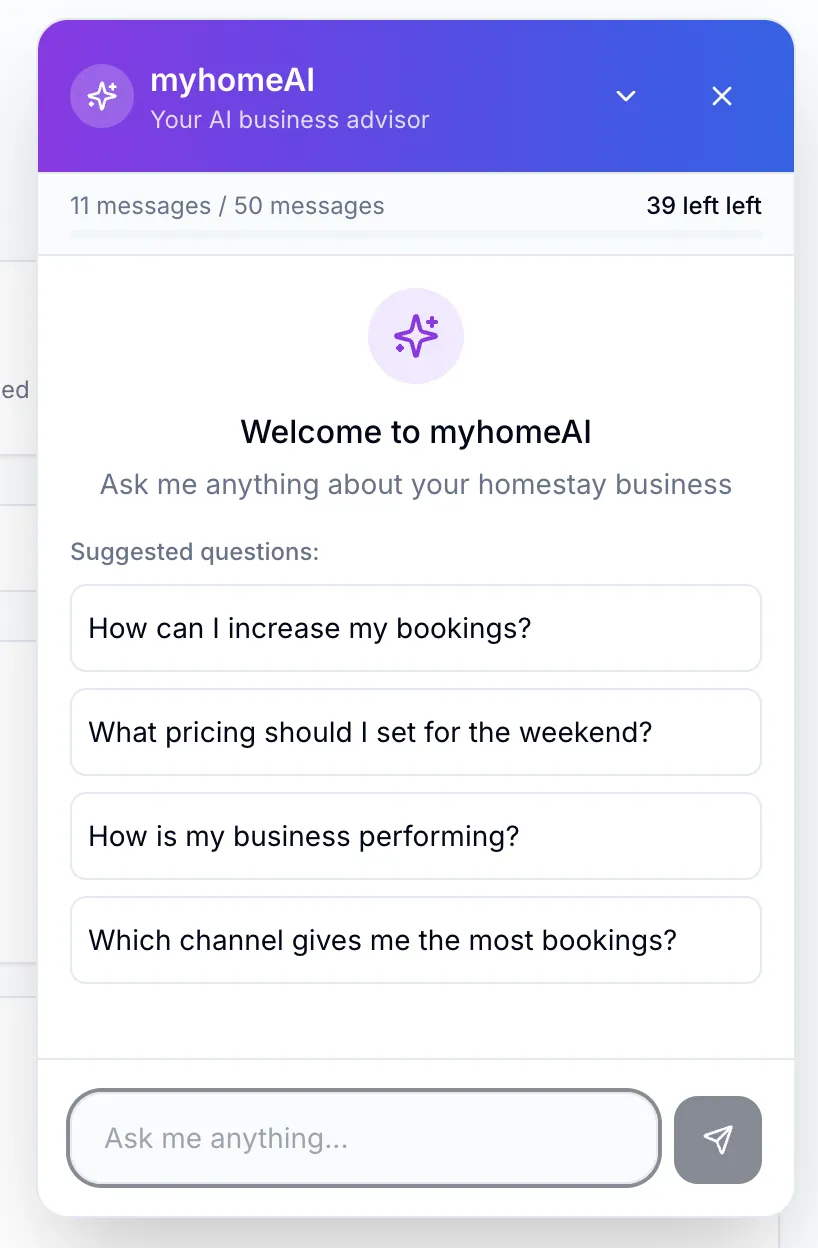 myhomeAI — AI business advisor chat with suggested questions and a monthly message allowance